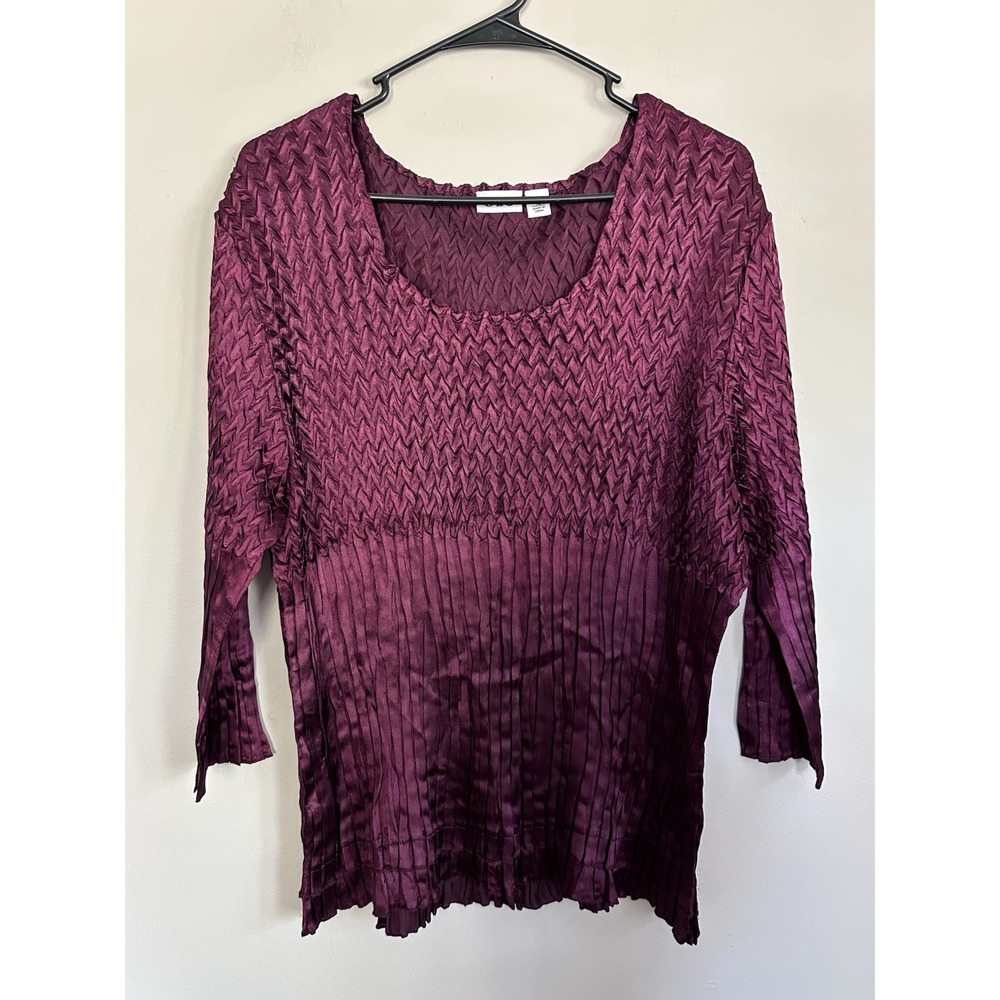 Vintage CATO 90s Y2K Crinkle Scrunch Pleat Euro Grunge Top‎ Blouse 3/4 Sleeve XL